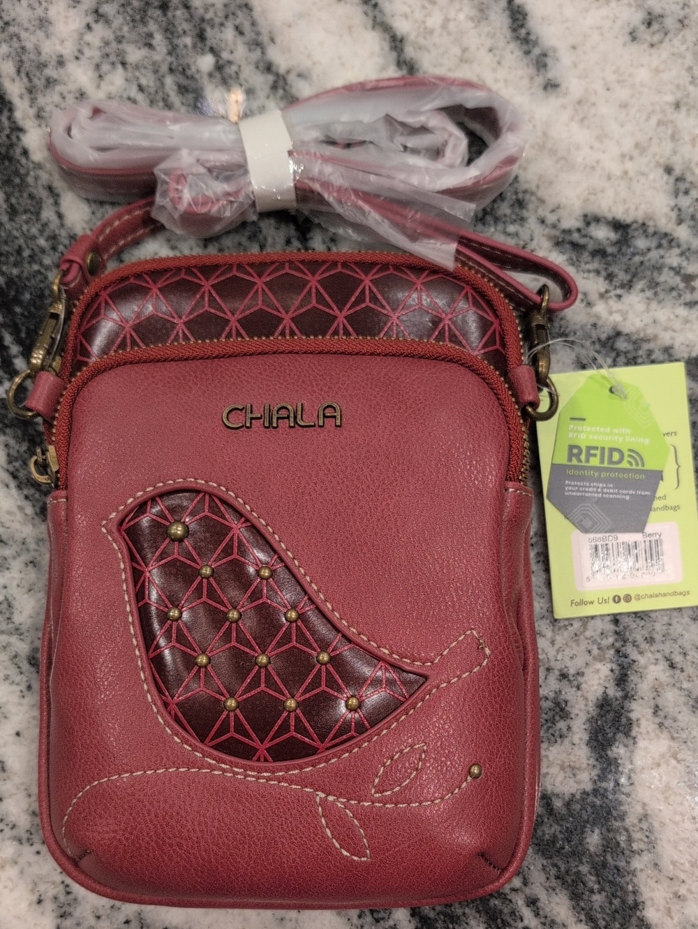 Chala Crossbody Bag in Berry with Quilted Bird Accent